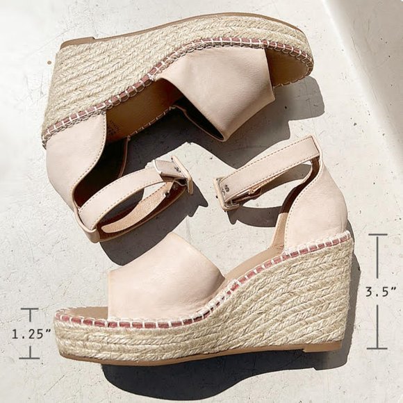 NEW Sand Nude Faux Leather Ankle Buckle Strap Espadrille Platform Wedge Sandals - Picture 12 of 13